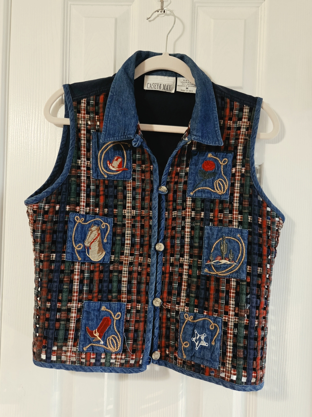 Vintage Casey & Max Western Denim Vest Medium Plaid Ribbon Knit Embroidered Flaw